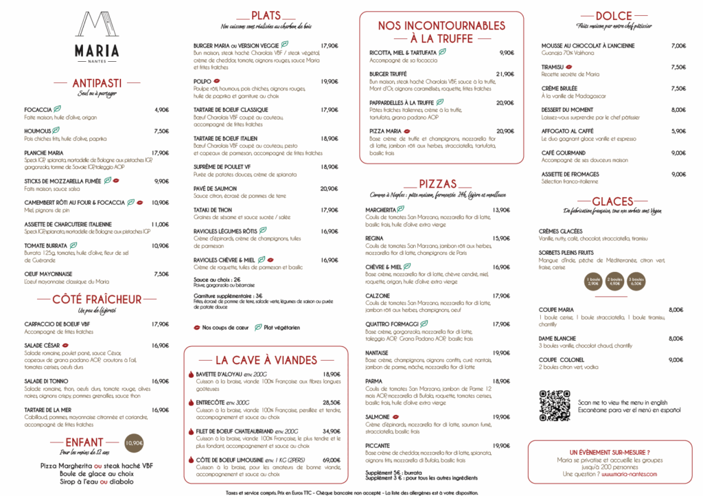 Carte 2025 Maria restaurant Graslin